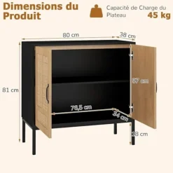 Buffet i rattan med 2 døre COSTWAY, justerbar hylde med 3 positioner til køkken, spisestue, stue, gang, sort
