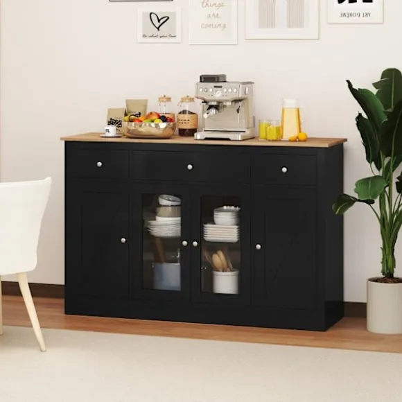 Buffet Køkken 140CM COSTWAY, 3 Skuffer, 2 Glasdøre, Justerbare Hylder, Barbord til Kaffe til Spisestue Stue, Sort svart och naturligt