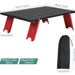 Camping Klapbord, Let Bærbart Mini Klapbord i Aluminium med Bæretaske, Lille Praktisk Rullebord (Rød)
