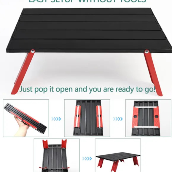 Camping Klapbord, Let Bærbart Mini Klapbord i Aluminium med Bæretaske, Lille Praktisk Rullebord (Rød)