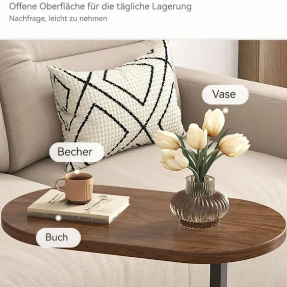 C-formet sidebord, 360° drejeligt & flip-top C-formet endebord, mobile C-sideborde der glider under, laptopstativ sofabord til sofa/seng 45x30x60cm