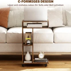 C-formet sidebord med hjul, 3 hylder, rustik brun