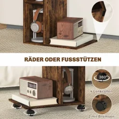C-formet sidebord med hjul, 3 hylder, rustik brun