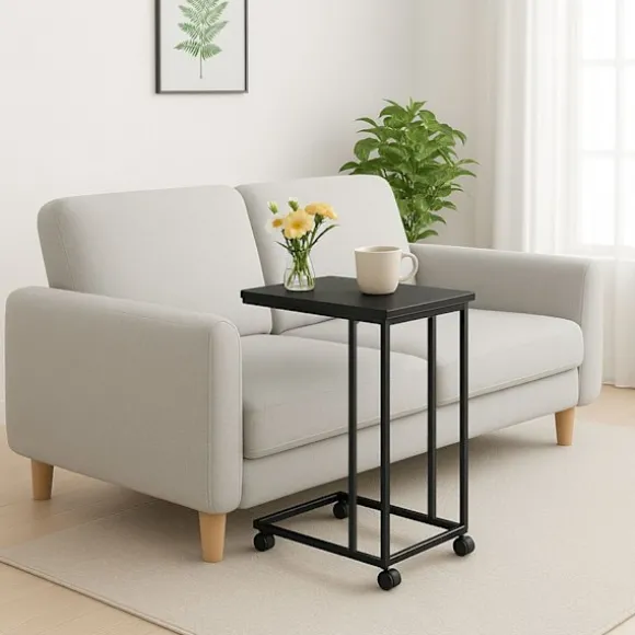 C-formet sidebord med hjul – trælignende bordplade