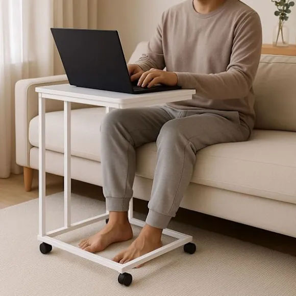 C-formet sidebord med hjul – trælignende bordplade
