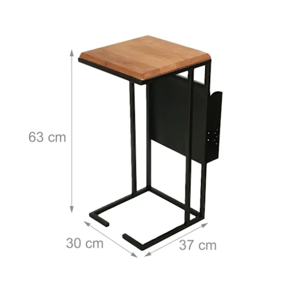 C-formet sidebord med magasinhylde, træ og metal