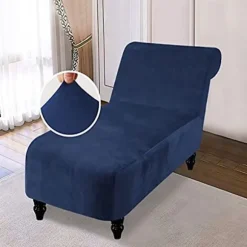 Chaiselongue-betræk i fløjl med armlæn, strækbart chaiselongue-betræk, møbelbeskyttelsesbetræk, chaiselongue-sofabetræk, mørkeblå