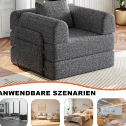 Chenille 2-i-1 sovesofa med opbevaringsrum i armlænet, 3 metalrammer og flere konfigurationsmuligheder Grey