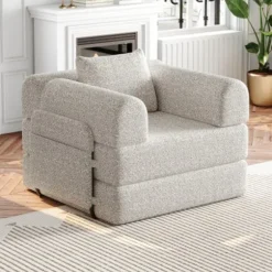 Chenille 2-i-1 sovesofa med opbevaringsrum i armlænet, 3 metalrammer og flere konfigurationsmuligheder khaki