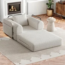 Chenille 2-i-1 sovesofa med opbevaringsrum i armlænet, 3 metalrammer og flere konfigurationsmuligheder khaki