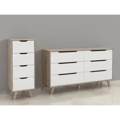Chiffonnier VANKKA 4 Skuffer - Egetræ og hvid - Skandinavisk stil - L 45 x P 42 x H 108 cm