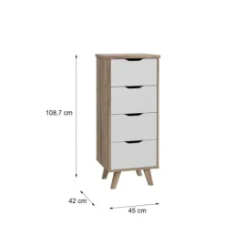 Chiffonnier VANKKA 4 Skuffer - Egetræ og hvid - Skandinavisk stil - L 45 x P 42 x H 108 cm