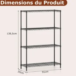 138,5cm Reol med 4 Niveaer COSTWAY, Justerbar Reol, V-formet Wiregitter, Belastning 452kg, til Hus Køkken Garage Svart