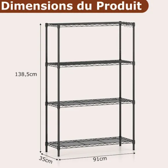 138,5cm Reol med 4 Niveaer COSTWAY, Justerbar Reol, V-formet Wiregitter, Belastning 452kg, til Hus Køkken Garage Svart