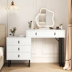 Coiffeuse med LED-spejl COSTWAY, 3 belysningsmuligheder, 5 skuffer, sidebord, rillet finish, metalben Vit och svart