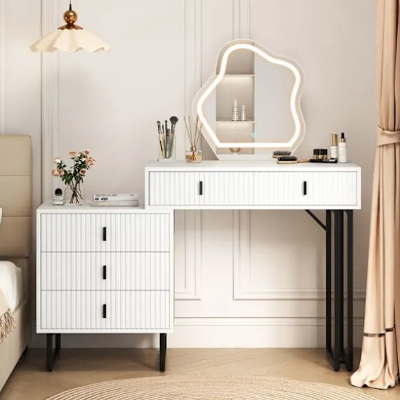Coiffeuse med LED-spejl COSTWAY, 3 belysningsmuligheder, 5 skuffer, sidebord, rillet finish, metalben Vit och svart