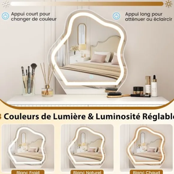 Coiffeuse med LED-spejl COSTWAY, 3 belysningsmuligheder, 5 skuffer, sidebord, rillet finish, metalben Vit och svart