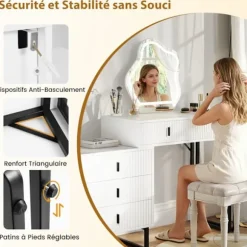 Coiffeuse med LED-spejl COSTWAY, 3 belysningsmuligheder, 5 skuffer, sidebord, rillet finish, metalben Vit och svart