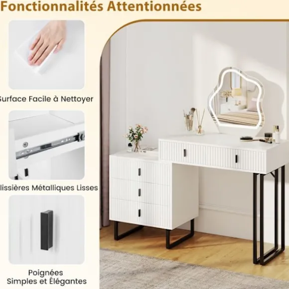 Coiffeuse med LED-spejl COSTWAY, 3 belysningsmuligheder, 5 skuffer, sidebord, rillet finish, metalben Vit och svart