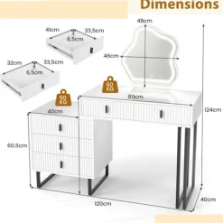 Coiffeuse med LED-spejl COSTWAY, 3 belysningsmuligheder, 5 skuffer, sidebord, rillet finish, metalben Vit och svart