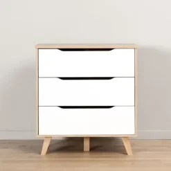 Commode VANKKA 3 Skuffer - Egetræ og hvid - Skandinavisk - L 80 x P42 x H86,3cm Matt vit / Naturlig ek