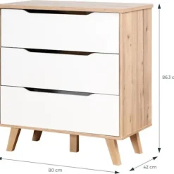 Commode VANKKA 3 Skuffer - Egetræ og hvid - Skandinavisk - L 80 x P42 x H86,3cm Matt vit / Naturlig ek