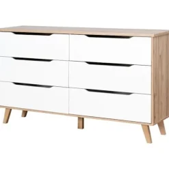 Commode VANKKA 6 skuffer - Egetræ og hvid - Skandinavisk - L 154 x P 42 x H 86 cm