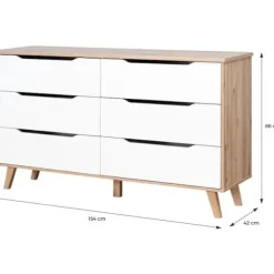Commode VANKKA 6 skuffer - Egetræ og hvid - Skandinavisk - L 154 x P 42 x H 86 cm