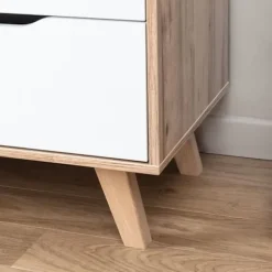 Commode VANKKA 6 skuffer - Egetræ og hvid - Skandinavisk - L 154 x P 42 x H 86 cm