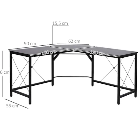 Computer Skrivebord L-Shape Hjørne Skrivebord, Vinkel Skrivebord, Mdf, Sort, 150X150X76Cm