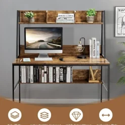 Computer skrivebord med hylde & bogreol & justerbare fodpuder Skrivebord Arbejdsbord kaffe