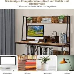 Computer skrivebord med hylde & bogreol & justerbare fodpuder Skrivebord Arbejdsbord kaffe