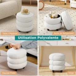 COSTWAT Opbevaringsskammel i Boucle Stof 40,5 x 44,5 cm (D. x H) Gummitræsfødder til Værelse, Toiletbord Hvid HVID