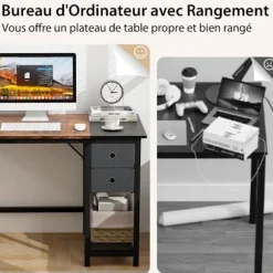 COSTWAY 140 cm computerbord, med 2 skuffer, hængekrog, opbevaringshylde, brun Rustik brun + svart