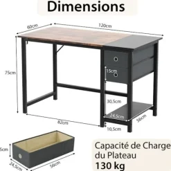 COSTWAY 140 cm computerbord, med 2 skuffer, hængekrog, opbevaringshylde, brun Rustik brun + svart