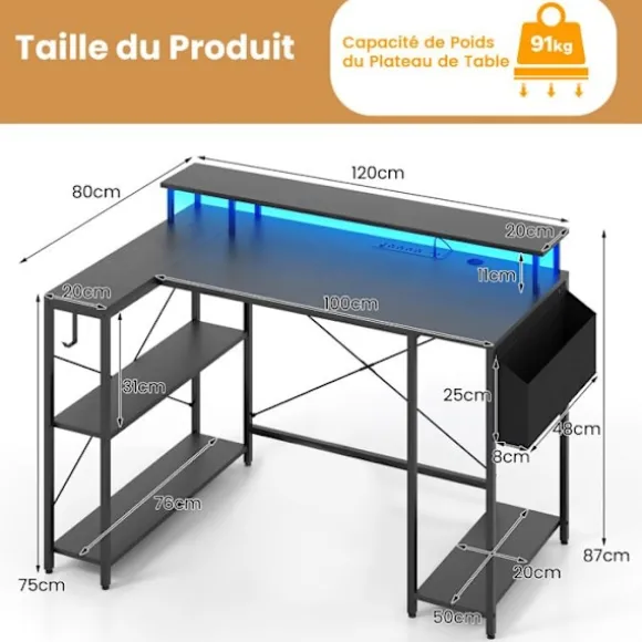 COSTWAY 120 cm hjørnespillebord med skærmstativ, LED-lys og strømstik, opbevaringshylder, sort