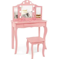 COSTWAY 2 i 1 Børne Smykkebord med Skammel, LED Spejl med 3 Farver, Foldbart Ægte Glas, Skuffe, Rosé