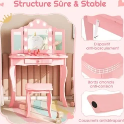 COSTWAY 2 i 1 Børne Smykkebord med Skammel, LED Spejl med 3 Farver, Foldbart Ægte Glas, Skuffe, Rosé