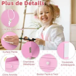 COSTWAY 2 i 1 toiletbord med stol til børn med spejl og 120 LED-lys, 2 hylder og skuffe, Pink