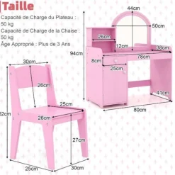 COSTWAY 2 i 1 toiletbord med stol til børn med spejl og 120 LED-lys, 2 hylder og skuffe, Pink