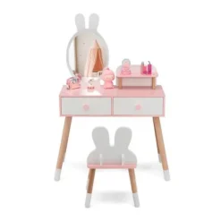 COSTWAY 2 i 1 toiletbord-skrivebord med aftageligt spejl og kaninformet skammel, hylde og 2 store skuffer, belastning 30 kg Rosa + Vit