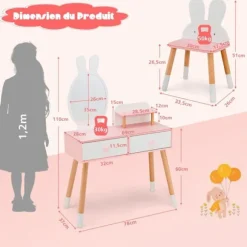 COSTWAY 2 i 1 toiletbord-skrivebord med aftageligt spejl og kaninformet skammel, hylde og 2 store skuffer, belastning 30 kg Rosa + Vit