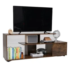 COSTWAY 55" 3-lags tv-stativ, 1 dør og åben hylde, underholdningscenter, til stue, soveværelse, brun