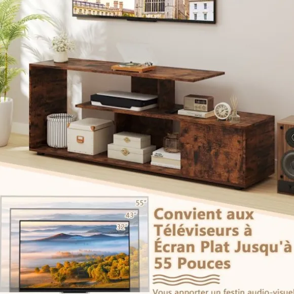 COSTWAY 55" 3-lags tv-stativ, 1 dør og åben hylde, underholdningscenter, til stue, soveværelse, brun