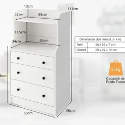 COSTWAY 3 skuffekommode med 2 åbne hylder, anti-tip-enhed, til stue, soveværelse, entré, 58x36x111 cm, hvid Vit