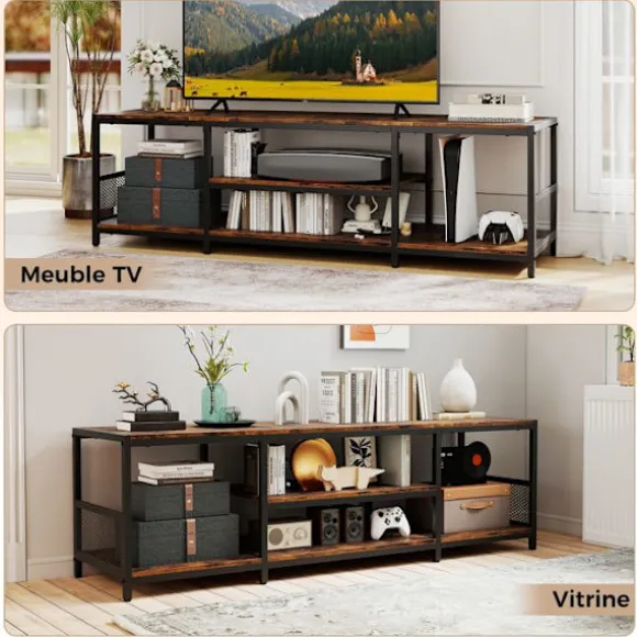 COSTWAY 65" TV Møbel med Åbne Opbevaringshylder, 4 Rum, 150 x 40 x 45 cm til Stue, Værelse, Brun kastanj