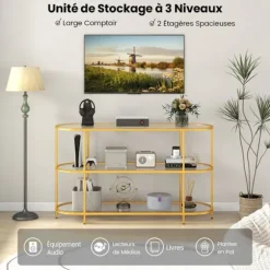 COSTWAY 65" TV-bord i glas med 3 store hylder i hærdet glas, til stue, soveværelse, rum, 140 x 41 x 82 cm