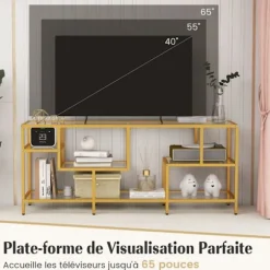 COSTWAY 65" TV-møbel i glas med en stor topplade og 4 hylder i hærdet glas, til stue, soveværelse, værelse, 147 x 40 x 62 cm