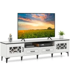 COSTWAY 80" TV-møbel med 2 skuffer, 2 skabe & rum, 7 forhøjede metalben, 150 x 37 x 44 cm, Hvid