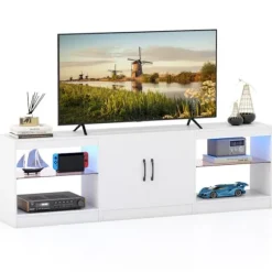 COSTWAY 65" TV-møbel med LED i 16 farver, 2 magnetiske døre, 4 åbne rum, til stuen, soveværelset, hvid